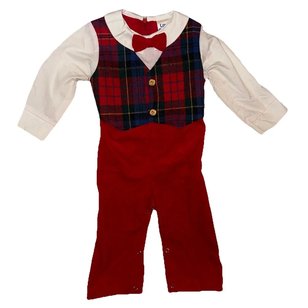Vtg Little Goodies One Piece Baby Suit Vest Bow Tie Plaid Christmas Sz 18 M